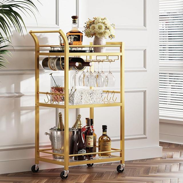 TUTOTAK Bar Cart, Home Bar Serving Cart with 3-Tier Mirrored Shelf, Wine Cart, Drink Cart, Mobile Kitchen Shelf, Rolling Beverage Cart, Gold BC01BB034