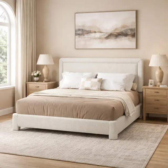 Dyonery Upholstered Platform Bed Frame with Adjustable Headboard/Soft Boucle Fabric No Box Spring Required,Easy Assembly Full Size Cream