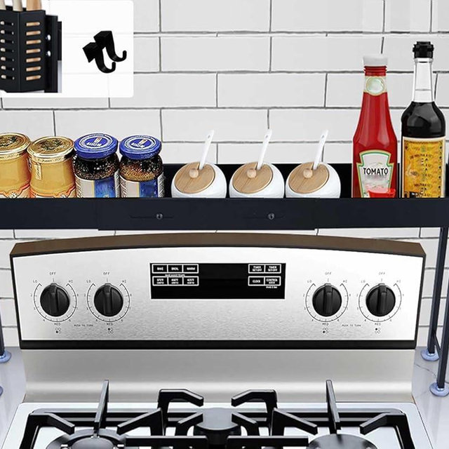 Horynar Over Stove Spice Shelf for Kitchen Spice Rack Organizer with Extra Black Basket and Hooks Great for Stove Top Shelf