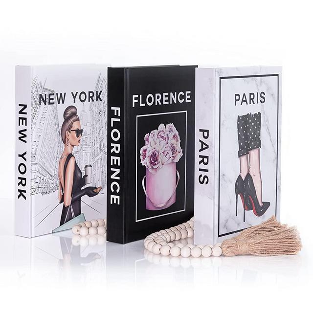3 Pcs Decorative Books for Home Decor- Elegant, Classy Decor Books for Coffee Table- Modern, Fashion Aesthetic Books for Decor- Hardcover Decorative Book Set with Decorative Beads & Blank Pages