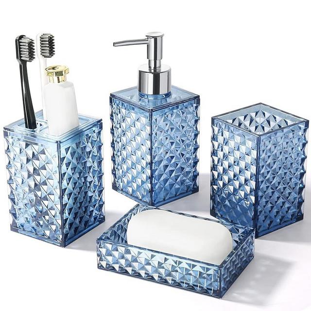 RYTOXILO Bathroom Accessories Set, 4 Pack Blue Acrylic Bath Accessory Sets Complete, Diamond Soap Dispenser and Toothbrush Holder Bathroom Counter Sink Set, Boho Modern Bathroom Decor