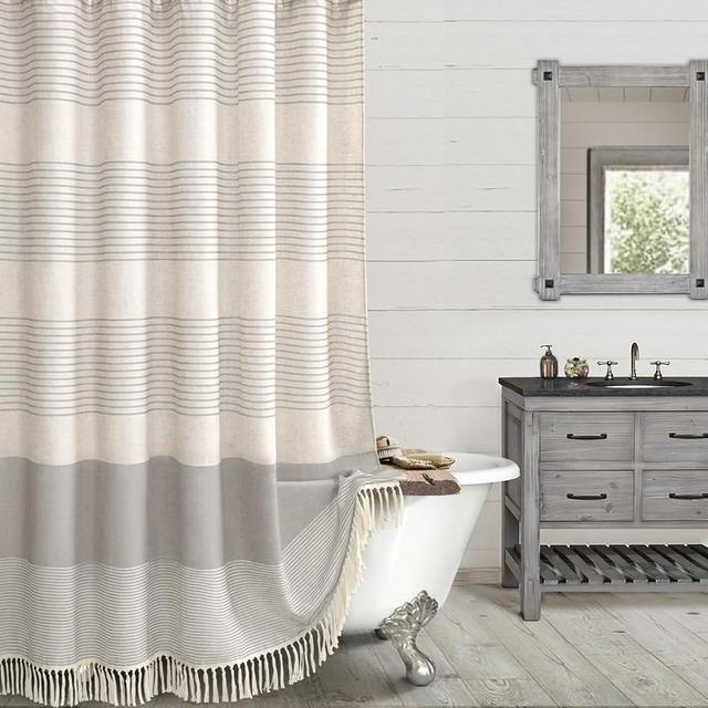 Awellife Farmhouse Shower Curtains for Bathroom,Grey Flax Striped Shower Curtain with Tassels,Beige Linen Shower Curtain with Hooks,Boho Rustic Neutral 72x72 Inches