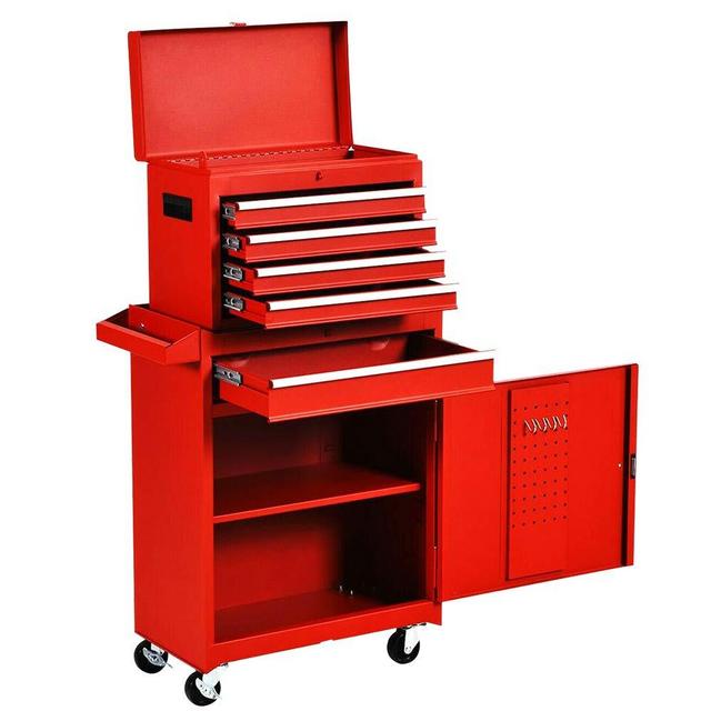 Removable Tool Chest,5-Drawers Tool BOX,Tool Chest with Wheels (2PCS Lockable) and Drawers,Tool Storage with Tray and Cabinet,Organizer(Red)
