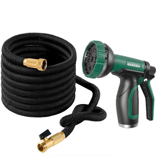 Joeys Garden Expandable Garden Hose Set, 50 Feet Heavy Duty Extra Strong Stretch Material with Brass Connectors - Bonus 10 Way Spray Nozzle