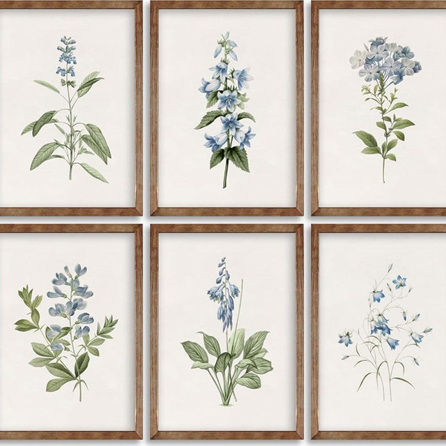 6Pcs Vintage Blue Wildflower Wall Art Blue Delicate Greenery Painting Picture Flower Bouquet Wall Decor Minimalism Flowers Poster Print Artwork for Living Room Bedroom Home Decoration,Unframed