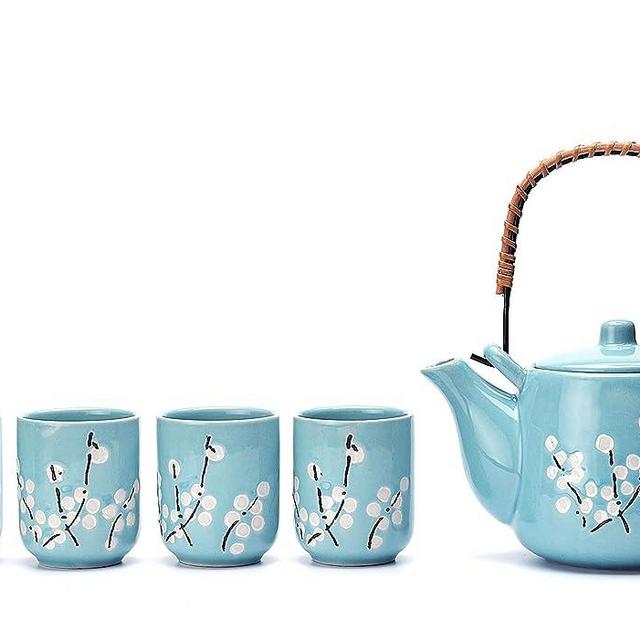 Mose Cafolo Japanese Tea Set Teal with White Plum-Flower Ceramic Tetsubin Teapot & 4 Teacups, Stainless Steel Infuser, Rattan Handle included in Gift Box