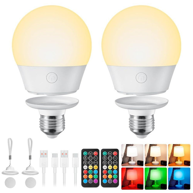 Brightown E26 Rechargeable Light Bulb with Remote and Timer, Battery Backup Bulb for Sconces and Lamps, E26 Detachable Charging for Non-Hardwired Fixture, 3 Color Temperatures + 9 RGB Colors, 2 Pack