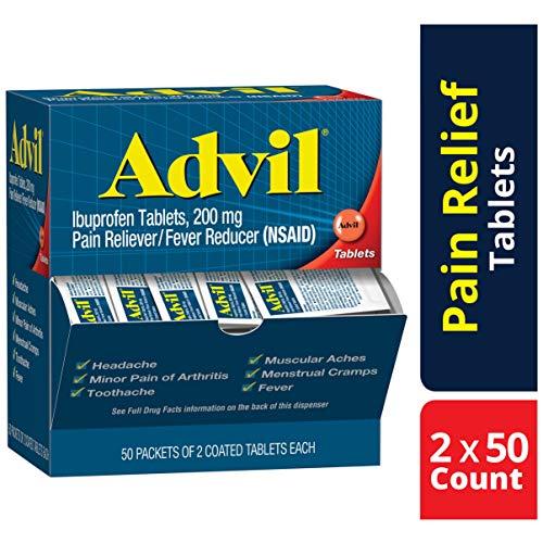 Advil Coated Tablets Pain Reliever and Fever Reducer, Ibuprofen 200mg, 100 Count (50 Packets of 2 Capsules), On the Go Pain Relief