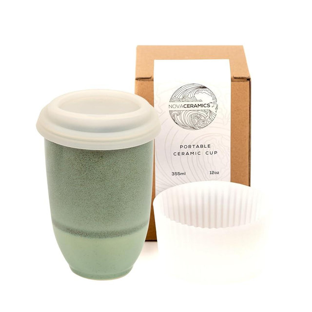 NOVA CERAMICS Travel Mug – Travel Coffee Tumbler – On the Go Coffee Mug – Microwave & Dishwasher Safe Green Coffee Tumbler - Gifts for Women Men Him Her – 12oz – Emerald