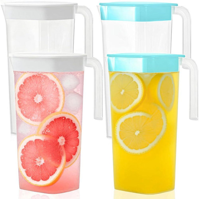 Pumtus 4 Pack Plastic Pitcher with Lid, 61 OZ / 1.8 L Fridge Door Water Jug with Handle, Clear Square Mix Drinks Juice Container, Unbreakable Drinking Jug for Tea, Iced and Hot Drinks, BPA Free