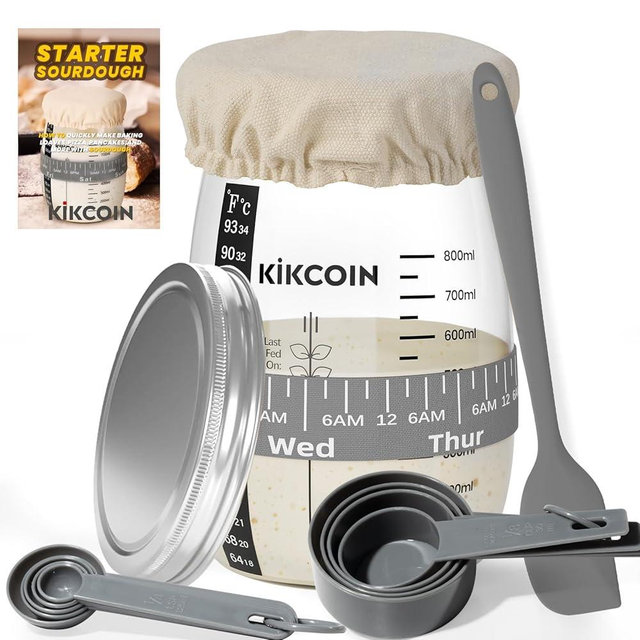 Kikcoin Sourdough Bread Starter Kit, 35oz Large Sourdough Jar with Marked Feeding Band, Thermometer, Sourdough Starter Jar Glass for Baker, Sourdough Bread Baking Supplies, Gray