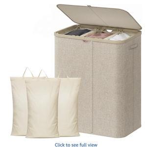 Lifewit 185L Large 3 Section Laundry Hamper with Lid, Plastic Laundry Basket with Bamboo Handles and Removable Bags, Tall Foldable Clothes Hamper for Bathroom Bedroom, Beige