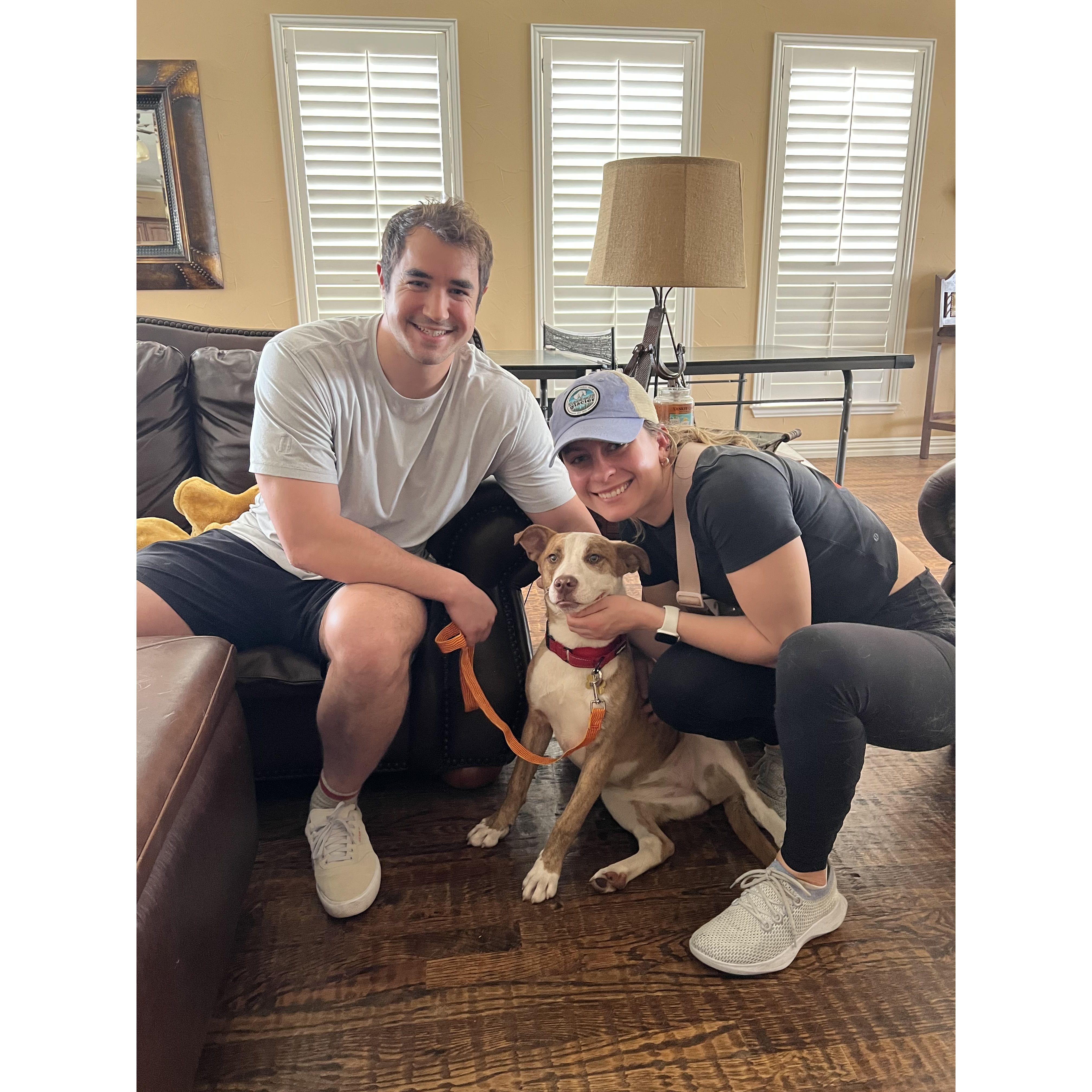 After months (years) of begging, Derek finally agreed to adopting a dog. This photo was taken the day they adopted their Daisy girl. She's been the funniest, craziest & coziest addition to their fam.