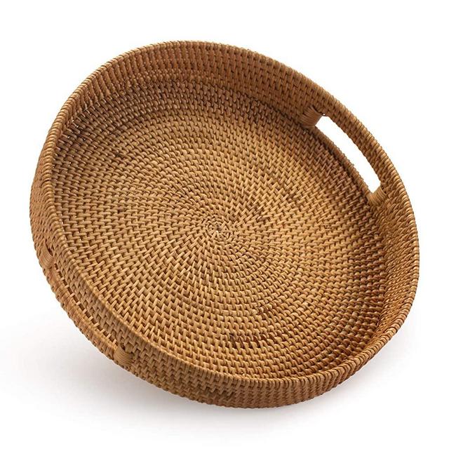 Coffee Table Tray Round Rattan Ottoman Tray Woven Serving Trays with Handles for Home and Kitchen Decorative Natural（Large 14 inch x 2.8 inch）