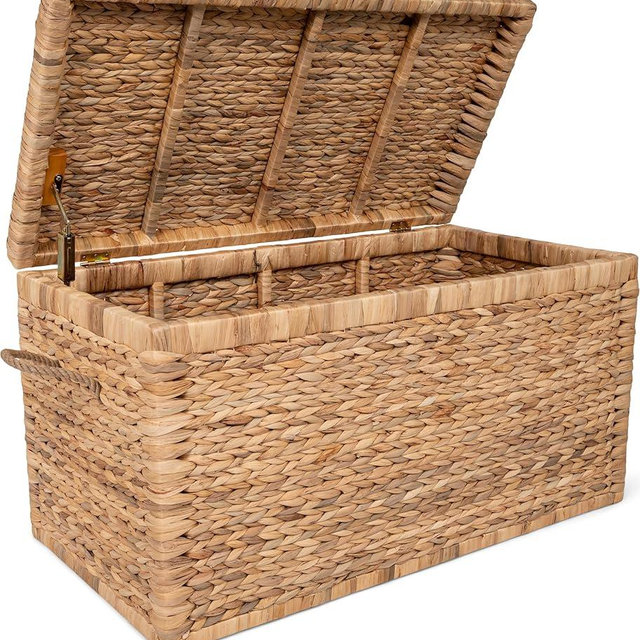 Click365 Storage Trunk, Farmhouse Style, Extra Large (33”), Deep, Woven Wicker Chest With Metal Frame, 2 Handles, Flip Top Lid and Stay Open Safety Hinges, Sustainable Eco Material, Natural Wicker