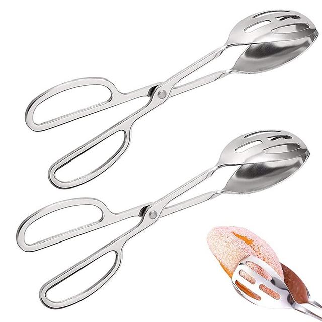 IAXSEE 2 Pieces Buffet Salad Tongs for Kitchen Serving and Cooking, Stainless Steel Food Scissor Tongs, Catering Utensil for Bread Cake Bake Steak Barbecue (Silver)