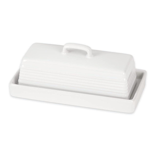 RSVP International Stoneware Butter Dish with Cover Countertop Décor for Kitchen & Tabletop, 7.75x3.75x3", White