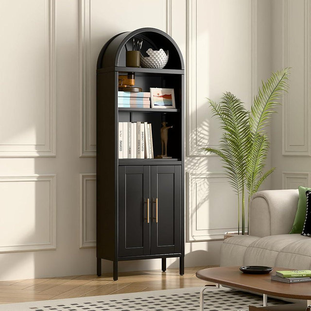 VEXPOR 61 in Tall Metal Arched Bookcase, 5-Tier Arched Bookcase with Doors, Modern Farmhouse Bookshelf with 2 Adjustable Shelves, Pantry Display Cabinet for Living Room, Black, Assembly Required