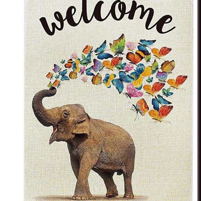 Agantree Art Welcome Elephant Butterflies Garden Flag Waterproof Double Sided Yard Outdoor Decorative 12 x 18 Inch