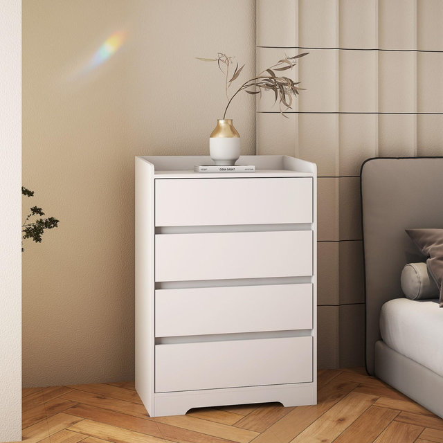 4 Drawer Dresser, Chest of Drawers without Handle, White Dresser for Bedroom, Waterproof Wooden Cabinet with Sturdy Frame for Living Room, Entryway