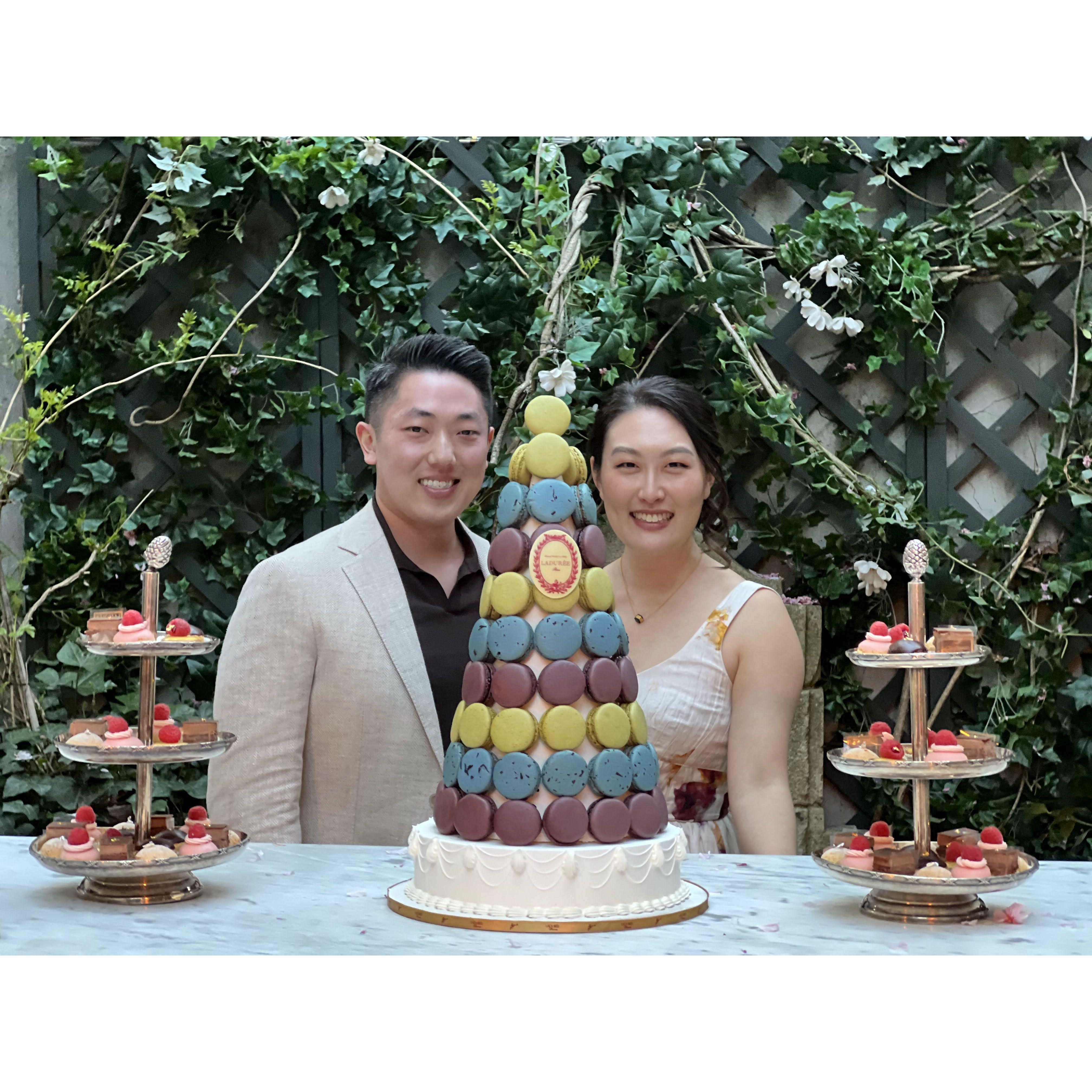 Apr 2022: Celebrating our engagement at Laduree in Soho with family and friends! (and many desserts, of course)