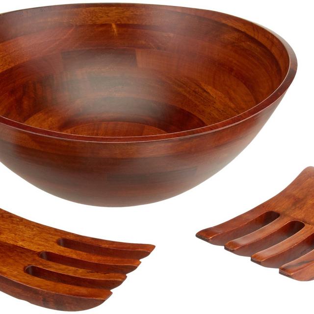 Lipper International 294-3 Cherry Finished Wavy Rim Serving Bowl with 2 Salad Hands, Large, 13&quot; x 12.5&quot; x 5&quot;, 3-Piece Set