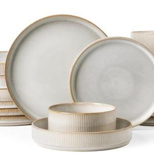 Famiware Star Dinnerware Set with Pasta Bowls, Service for 4 (16pcs), Ribbed Stoneware Plates and Double Bowls Dishes Sets - Chip & Scratch Resistant, Microwave & Dishwasher Safe, Cappuccino White
