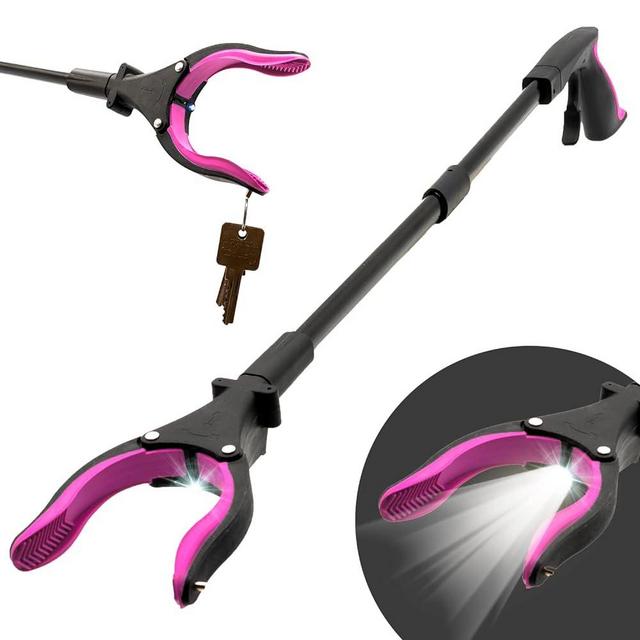 Grabber Reacher Tool-Long 32 Inch Aluminum Foldable Pick Up Stick-Strong Grip Shelves LED Light Magnetic Tip, Lightweight Trash Picker Claw Reacher Grabber Tool for Elderly - by Luxet (32 Inch, Pink)