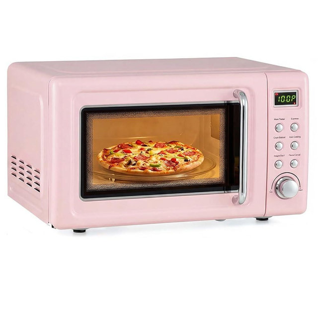 CHEFJOY 0.7Cu.ft Mini Microwave Countertop, 700W Retro Microwave w/ 5 Micro Power, Defrosting Settings, Glass Turntable & Viewing Window, LED Display, Child Lock, Perfect for Small Space (Pink)