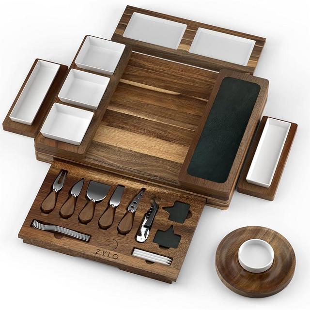 ZYLO Charcuterie Boards Gift Set – Large Acacia Wood Cheese Board, Slate Cutting Board, Ceramic Dishes & Knife Set - Removable Magnetic Serving Trays