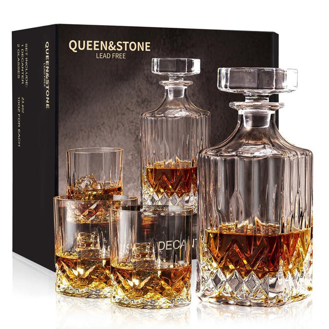 Square 23Oz Whiskey Liquor Decanter Set With 2 Glasses in Box,Decanter Set for Scotch Liquor,Whiskey Wine Decanter Sets Suit for Men and Women Father Coworkers Lovers