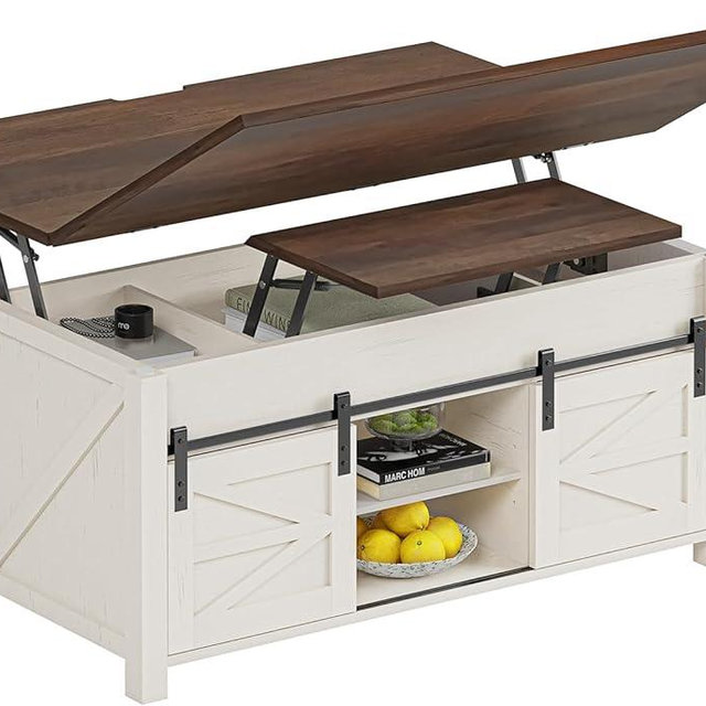 UPOSOJA Lift Top Coffee Table for Living Room with 4 Sliding Barn Doors, 4 in 1 Farmhouse Coffee Table with Adjustable Shelves and Hidden Storage Compartment, Converts to Dining Table (Brown White)