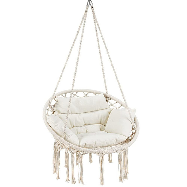 KROFEM Macrame Hammock Hanging Swinging Chair, Perfect for Bedroom, Porch, Kids, Adults, Balcony with Thick Cushion Beige (Ceiling Mounting Hardware Not Included)