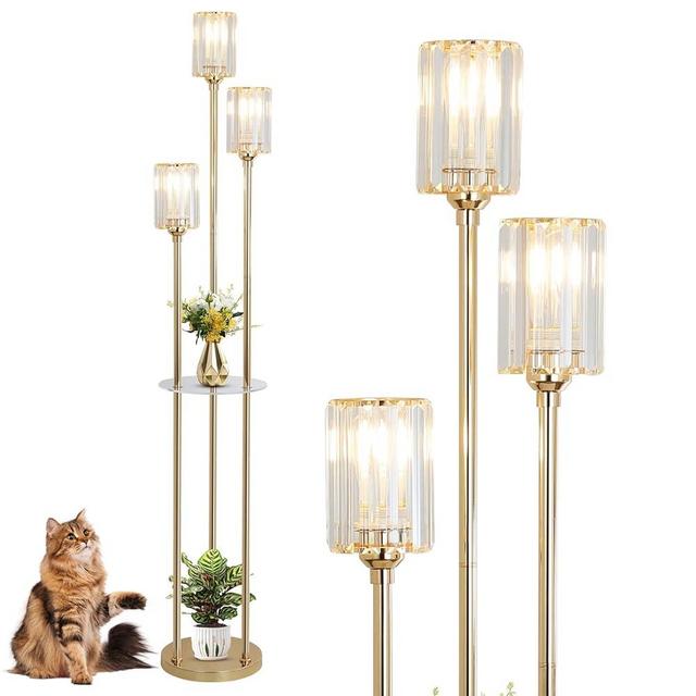 HMVPL Gold Floor Lamps for Living Room, Modern Floor Lamp with Shelves, Crystal Standing Lamps with Table, Brass Floor Lamp with Crystal Shade, On/Off Switch, Mid Century Corner Floor Lamp for Bedroom