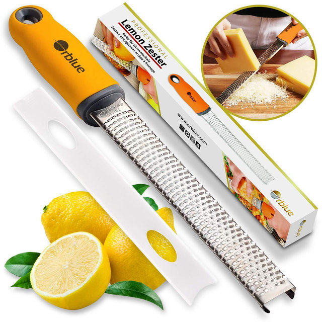 Orblue PRO Citrus Zester & Cheese Grater - Kitchen Tool for Lemon, Parmesan, Ginger, Garlic, Nutmeg, Chocolate, Veggies, Fruits - Razor-Sharp Stainless Steel Blade + Protect Cover - Dishwasher Safe