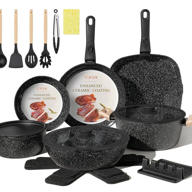 23Pcs Ceramic Cookware Set Non Stick Pots and Pans Set Non Toxic with Detachable Handle Induction Kitchen Cookware Set Space Saving, Oven & Dishwasher Safe, Black