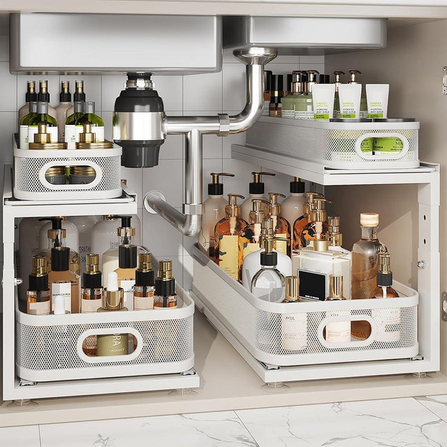 Corbyles 2 Pack 21IN-Depth Under Sink Organizer With Next-Gen Ball-Bearing Slides,2-Tier Precision Mesh Pull Out Cabinet Storage for Bathroom&Kitchen,Height Adjustable Drawers Shelf,Anti-rust-White