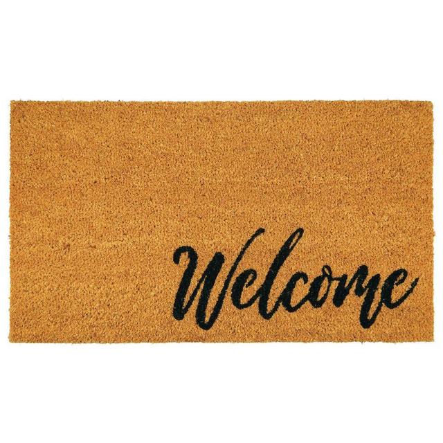 mDesign Rectangular Coir and Rubber Entryway Welcome Doormat with Natural Fibers for Indoor or Outdoor Use - Decorative Script Design - Brown/Black