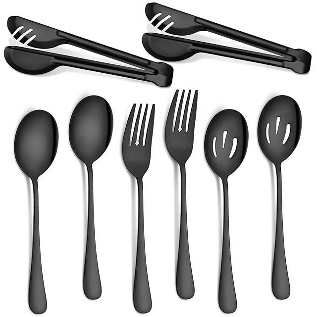 Stainless Steel Flatware Serving Utensils Large Serving Spoon Set of 9.45 Inch Metal Tongs 9 Inch Serving Forks 8.7 Inch Slotted Spoons 8.7 Inch Serving Spoons for Kitchen (Black,8 Pieces)