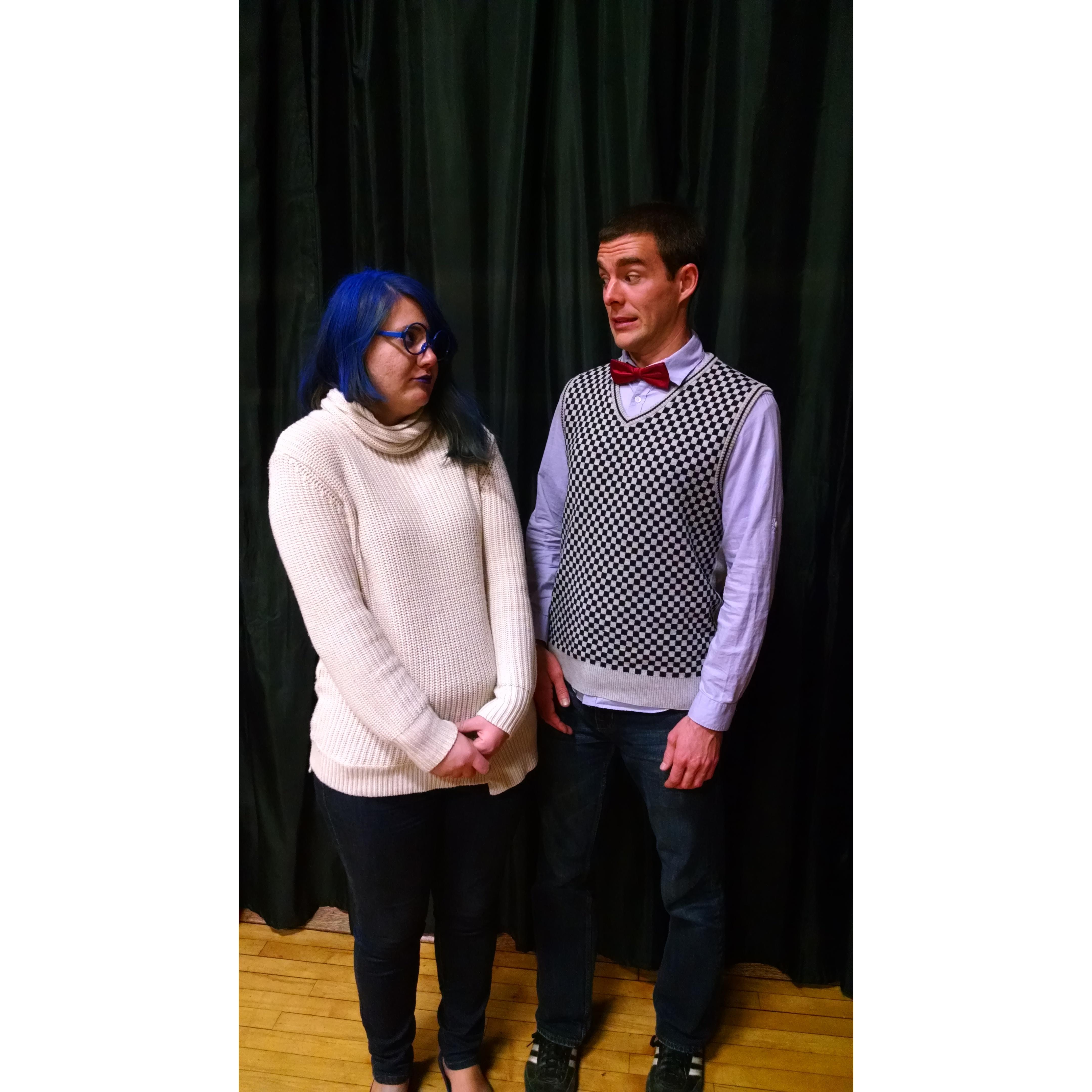 "Sadness" and "Fear" from "Inside Out" at a costume party!