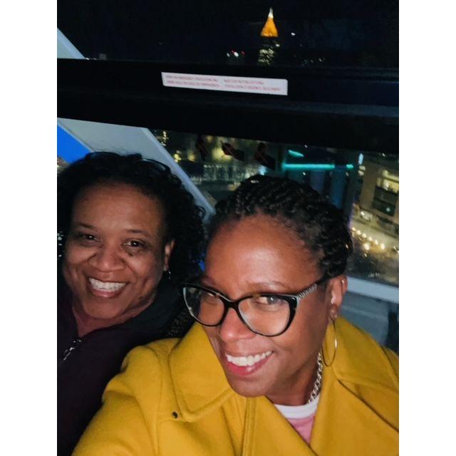 Ferris wheel overlooking the Atlanta skyline. Can you see the terror in our eyes?