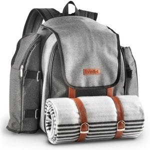 VonShef 4 Person Premium Outdoor Picnic Backpack Bag With Blanket – Woven Grey Waterproof Finish, Includes 29 Piece Dining Set & Insulated Cooler Compartment to Keep Food Chilled
