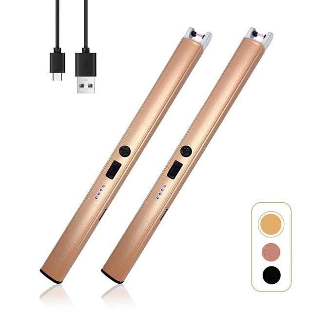 2 PCS Candle Lighter,Windproof Flameless Electric Lighter with LED Power Display ＆ Safety Switch, Upgraded Plasma USB Rechargeable Lighter for Birthday Camping BBQ (Champagne Gold)