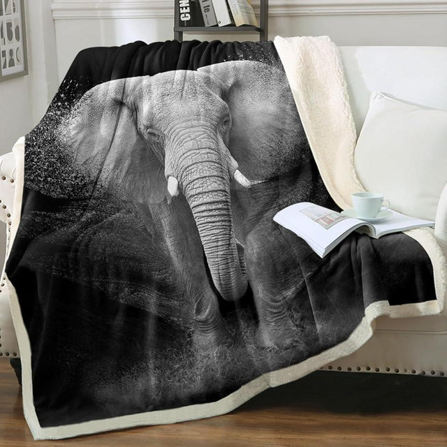 Sleepwish African Elephant Fleece Throw Blanket for Kids Girls Boys Soft Plush Black Grey Elephant Sherpa Blanket for Couch Chair, Throw (50" X 60")
