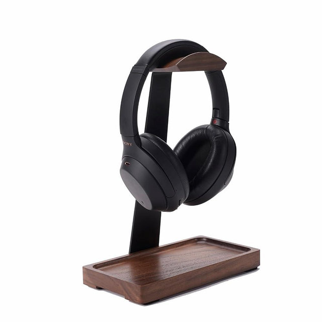 NIRVASH Walnut Headphone Stand, Wooden Headset Stand for Desk, Wood Gaming Headphone Holder with Storage Base for Airpod max, Bose, Razer, Sennheiser, Jabra, JBL, AKG, Vintage Gift for Men, Black