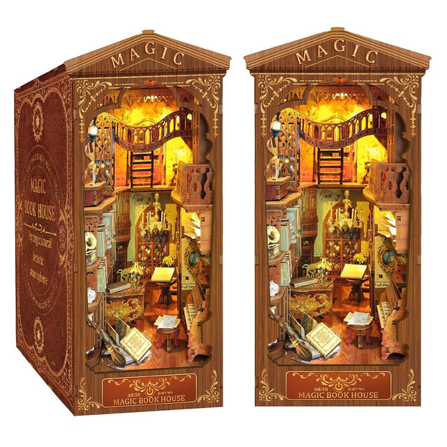 CRIOLPO Book Nook Kit - DIY Doll House Booknook, Book Nook Miniature Kit for Bookshelf Insert Decor Crafts for Adults Teen Halloween, 3D Wooden Puzzle Bookends with Sensor Led Light