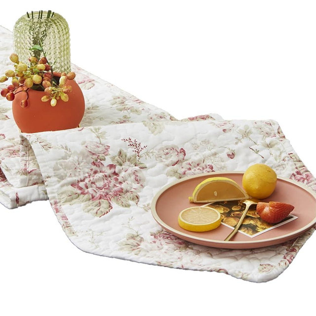 DaDalogy Bedding Cottage Roses Quilted Floral Dining Table Runner - Lovely Cotton Blossom Garden Dainty Picnic - Elegant Decorative Coffee Bar Kitchen Tea Mat - 13" x 72"