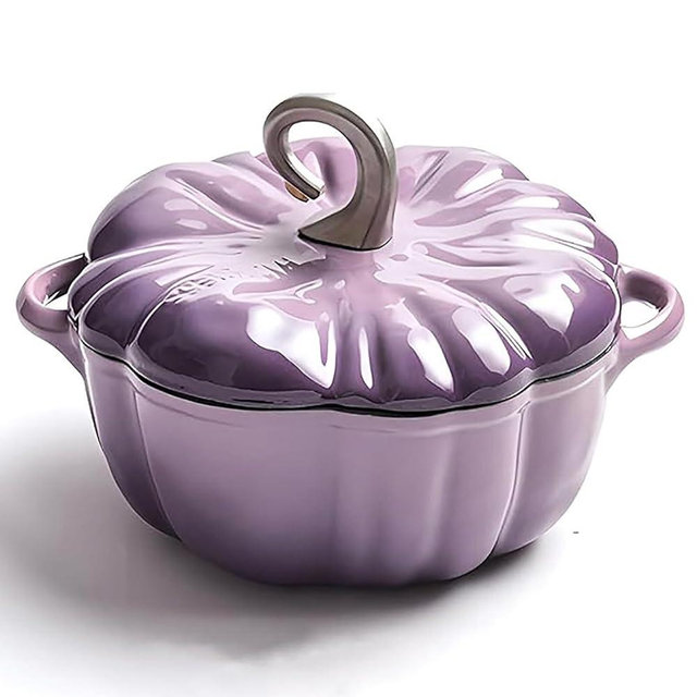 Pumpkin Cocotte, Enamel Cast Iron Dutch Oven With Lid, Non-Stick Stew & Soup Pot - Serves 3-5, Purple