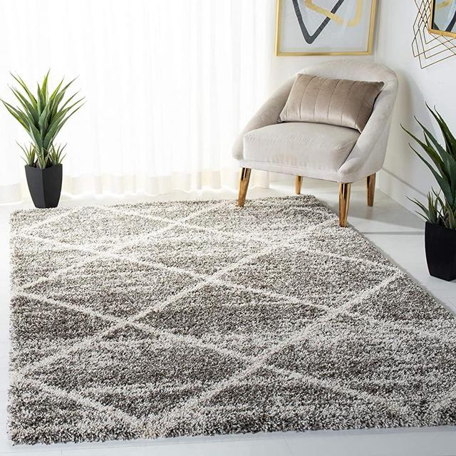 SAFAVIEH Hudson Shag Collection 53" x 76" Grey/Ivory SGH281K Modern Diamond Trellis Non-Shedding Living Room Bedroom Dining Room Entryway Plush 2-inch Thick Area Rug