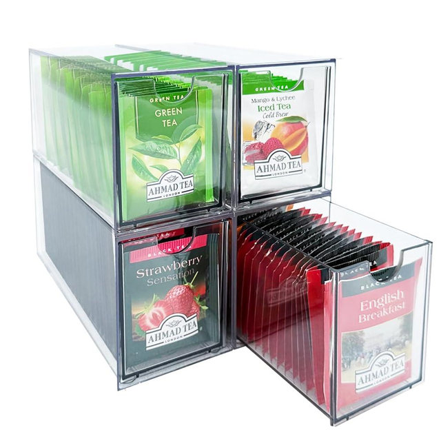 AZEZO 4-Pack Tea Bag Drawers Organizer - 4 Clear Plastic Drawer Tea Bag Holder; Stackable & Portable; Wider Size; Well-Organized Storage for Tea Bags & Kitchen Essentials